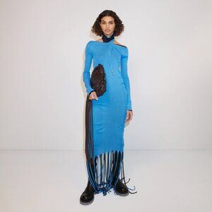 Bottega Veneta Pre-Fall 2020 Double Layer Black & Blue Rib Knit Fringe Dress